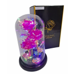 LED pink artificial roses under a glass dome on a black base with a matching black gift box.