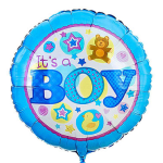 Round blue balloon with "It's a Boy" text and baby-themed icons