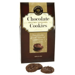 Package of chocolate salted caramel cookies with two cookies shown below