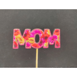 Floral "MOM" sign on a stick with bright pink and orange flowers
