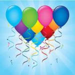 Cluster of colorful balloons with curling ribbons on a blue background