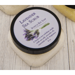 Jar of lavender sea scrub with a floral label