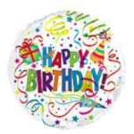 Colorful birthday balloon with "Happy Birthday" text and confetti