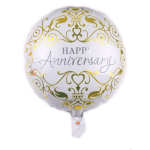 Round foil balloon with "Happy Anniversary" text and gold decorative swirls