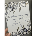 Sympathy card with leafy floral border and the message "We are never ready to say goodbye..."