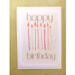 Happy birthday greeting card with tall pink candles and confetti