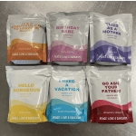 Six colorful epsom salt pouches with sarcastic labels arranged in a grid