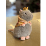 Plush gray mouse wearing a gold crown and cape