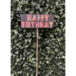 Birthday sign on a stick against a leafy green backdrop
