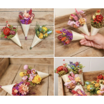 Small cone-wrapped bouquets of dried flowers in bright mixed colors