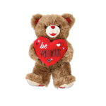 Brown teddy bear holding a red heart that says "be mine"