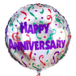 Round foil balloon with "Happy Anniversary" text and confetti design
