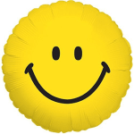 Yellow smiley face balloon with a black smile and eyes