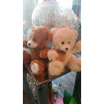 Two plush teddy bears sit in a gift box with a shiny silver backdrop.