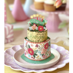 Tiered birthday card with floral decorations on a plate