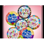 Cluster of colorful Happy Birthday balloons on a pink background