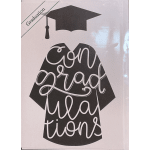 Graduation cap and gown graphic with the words "congratulations grad"