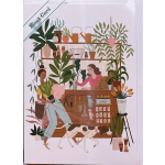 Illustrated blank card with potted plants, gardeners, and a dog