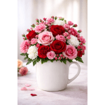 Pink and red rose bouquet in a white mug