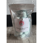 A clear pouch of pale blue cotton candy taffy candy
