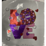 Decorative gift bag with large foil letters spelling LOVE and heart stickers