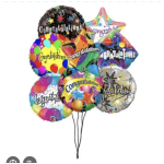 Cluster of colorful congratulation balloons with star and round shapes