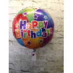 Colorful round birthday balloon with stars and "Happy Birthday" text