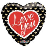 Heart-shaped balloon with "Love You" text and gold hearts