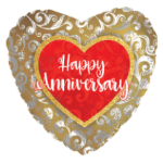 Heart-shaped anniversary balloon with red center and gold swirls