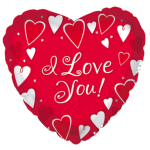 Heart-shaped red balloon with white hearts and the words "I Love You!"