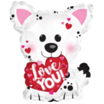 White dog-shaped balloon holding a red heart that says Love You