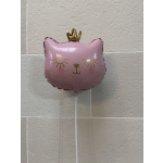 Pink cat-face balloon with a gold crown on a stick