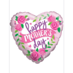 Heart-shaped pink balloon with "happy mother's day" text and floral graphics