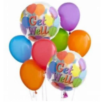 Colorful balloons with two clear balloons reading Get Well
