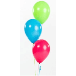 Three colorful balloons in green, blue, and pink on a white background