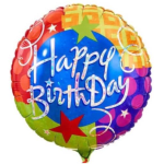 Round birthday balloon with colorful stars and "Happy Birthday" text