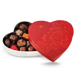 Heart-shaped box of assorted chocolates with a red lid