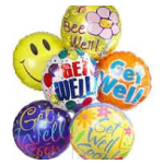 Cluster of colorful get-well balloons with cheerful messages