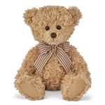 Teddy bear with a checkered bow on a white background
