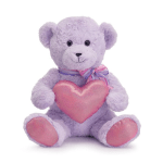Lavender teddy bear holding a pink heart with a ribbon bow