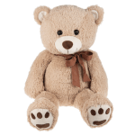 Large tan teddy bear with brown bow sitting upright facing forward