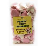 Bag of pink and white mushroom-shaped candies with a yellow label