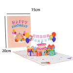 Pop-up birthday card with cake, balloons, and gift decorations
