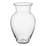 Clear glass vase with a wide flared rim and rounded body