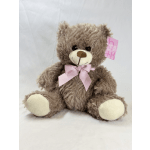 Brown plush teddy bear with a pink ribbon bow
