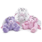 Three plush teddy bears in white, lavender, and pink with bows