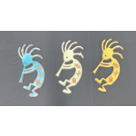 Three colorful Kokopelli-style wall decorations on a dark background