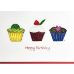 Three colorful cupcake illustrations with "Happy Birthday" text