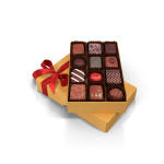 Box of assorted chocolates tied with a red ribbon