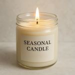 Lit candle in a clear glass jar with a label reading Seasonal Candle